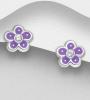 Flower Push-Back Earrings Decorated With Colored Enamel & Crystal Glass Sterling Silver - Flower Push-Back Earrings Decorated With Colored Enamel & Crystal Glass 925 Sterling Silver