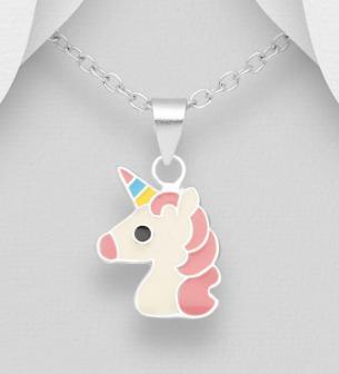 Unicorn Pendant Necklace, Decorated with Coloured Enamel, Sterling Silver