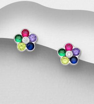 Flower Push-Back Earrings, Decorated with CZ Simulated Diamonds. Sterling Silver