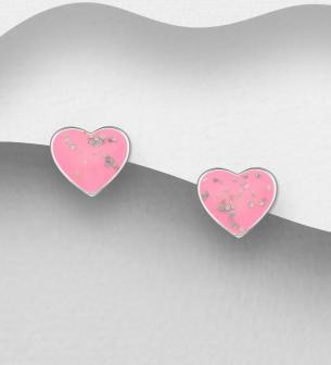 Heart Push-Back Earrings, Decorated with Coloured Enamel. Sterling Silver