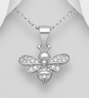 Bee Necklace, Decorated with CZ Simulated Diamonds. Sterling Silver