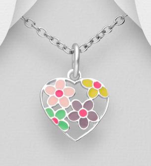 Flower Heart shape  Necklace Decorated With Coloured Enamel. 925 Sterling Silver