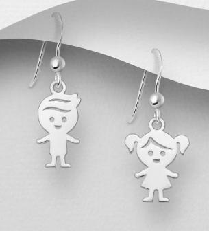 Silver Boy and Girl Hook Earrings Width: 11 mm.  Height: 27 mm. 925 Sterling