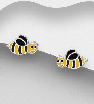 Bee Push-Back Earrings, Decorated with Coloured Enamel. Sterling Silver