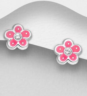Flower Push-Back Earrings Decorated With Colored Enamel & Crystal Glass Sterling Silver