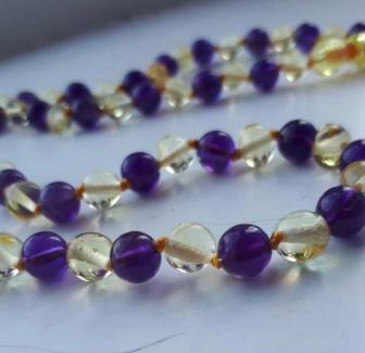 Amber  Necklace for Adult  (60 cm) Hand-Made from Certified Baltic Amber and Amethyst