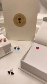 Heart Push-Back Earrings, Decorated with Coloured Enamel. Sterling Silver