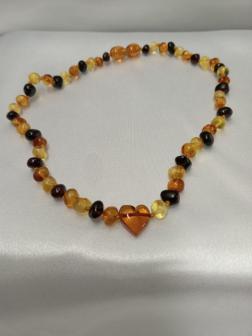Amber Necklace for child (33 cm) - Amber Jewellery - Hand-Made from Certified Baltic Amber, Multi with Heart Pendant