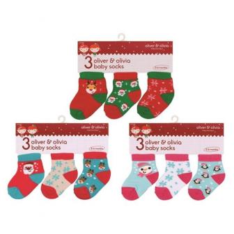 3 pack Oliver and Olivia baby Christmas Socks ( 0-6 months)