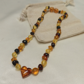 33cm Amber Necklace for child Multi with Heart Pendant