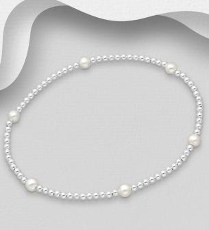 Sterling Silver Elastic Bracelet, beaded with Fresh Water Pearls
