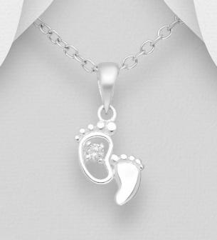 925 Sterling Silver Mom & Baby Feet Pendant Decorated With Simulated Diamond CZ