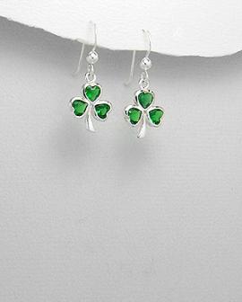 Children's Shamrock Hook Earrings Decorated With Glass, Sterling Silver